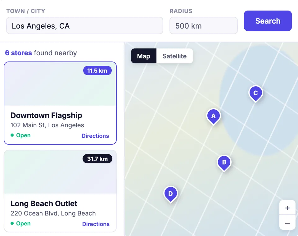 Store locator map showing nearby shop locations on a Shopify storefront