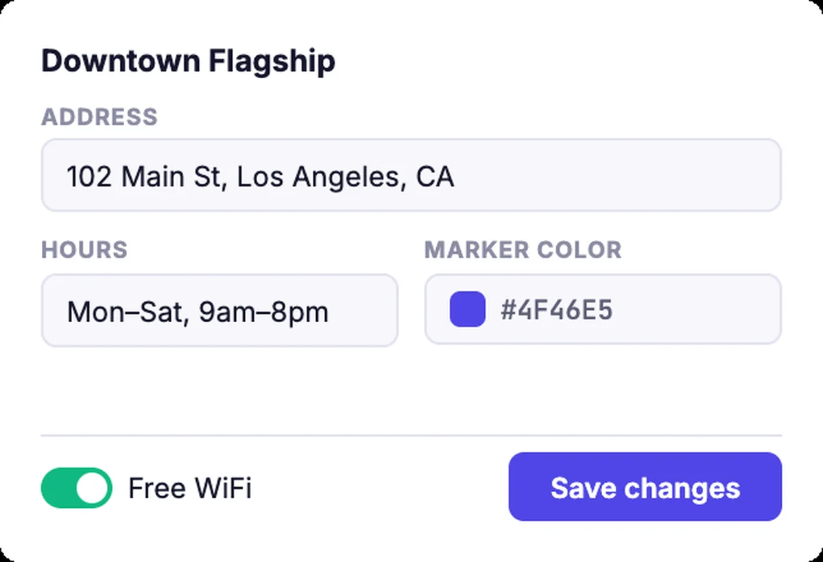 Location settings panel for managing store hours and addresses