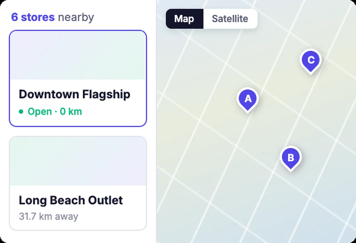 Storefront store locator showing a map and list of nearby locations